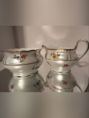 Classic Satin Floral Porcelain Creamer and Sugar Set - White with Gold Trim